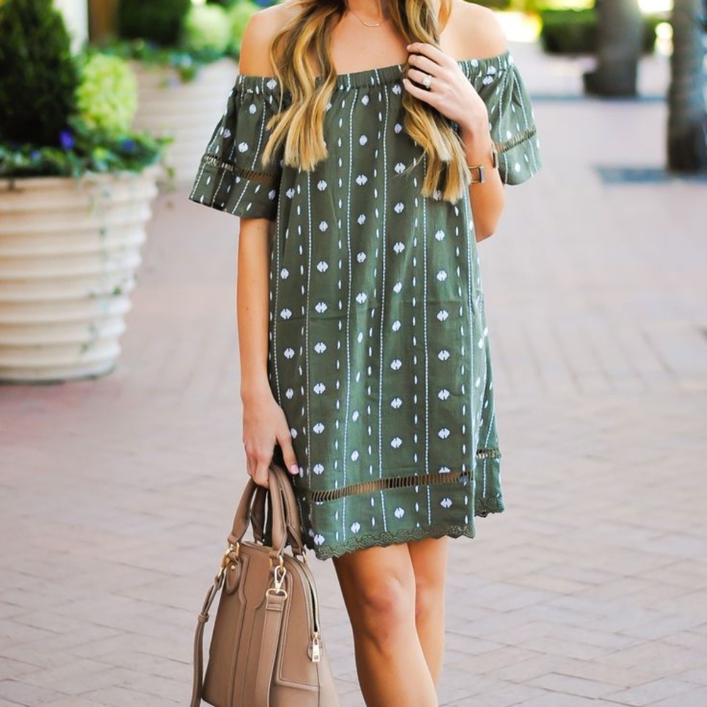 Topshop | Green Off the Shoulder Embroidered Dress